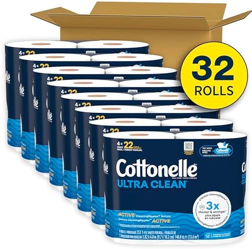 Cottonelle Ultra Clean Toilet Paper with Active CleaningRipples Texture, Strong Bath Tissue, 32 Family Mega = 176 Regular Rolls (8 Packs of 4), 1-Ply, White
