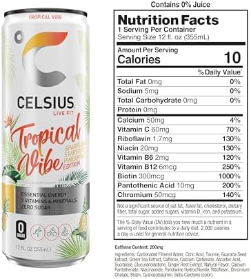 CELSIUS Sparkling Tropical Vibe, Functional Essential Energy Drink 12 Fl Oz (Pack of 12)