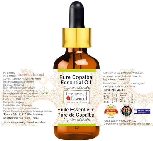 Greenwood Essential Pure Copaiba Essential Oil (Copaifera officinalis) with Glass Dropper Steam Distilled 50ml (1.69 oz)