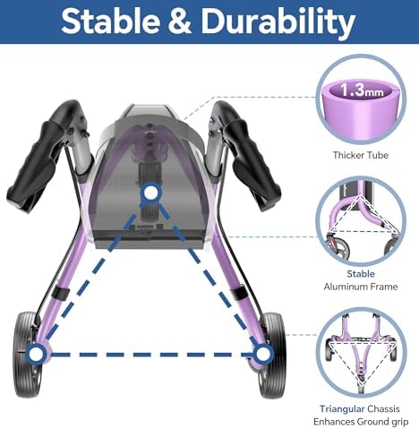 SOUNDFUSE 3 Wheel Walkers for Seniors, Lightweight Foldable Aluminum Rollator Walker, Height Adjustable Three Wheel Walker, Purple