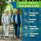 HONEYBULL Walking Quad Cane for Men & Women - Adjustable, Lightweight Quad Cane with Large 4 Pronged Base for Extra Balance & Stability; Walking Canes for Seniors, Walking Sticks (Black)