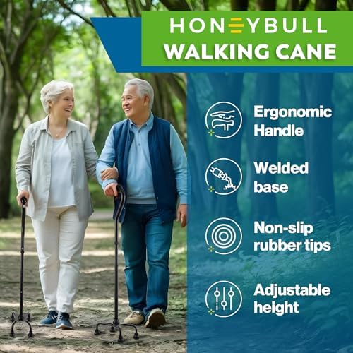 HONEYBULL Walking Quad Cane for Men & Women - Adjustable, Lightweight Quad Cane with Large 4 Pronged Base for Extra Balance & Stability; Walking Canes for Seniors, Walking Sticks (Black)