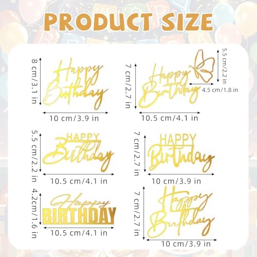 6Styles Gold Happy Birthday Cake Toppers, Mirror Acrylic Happy Birthday Sign for Cake Side Decoration, Glitter Gold Acrylic Happy Birthday Cake Topper Set for Cake Party Decorating Supplies