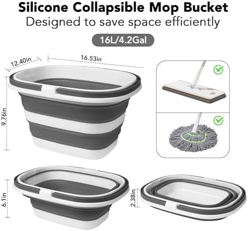 Large Collapsible Mop Bucket, 16L(4.2 Gallon) Plastic Bucket for House Cleaning, Car Washing, Silicone Cleaning Supplier Organizer, Portable Basket with Handle for Laundry Storage, RV Camping, Fishing