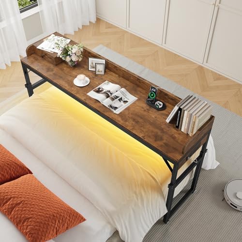 HOOBRO Overbed Table with Wheels, Rolling Table with Outlets & Light Strip for Queen Bed, Mobile Bed Desk & Drawer and Adjustable Height, Giant Computer Desk for Living Room, Rustic Brown BF180UDDN01