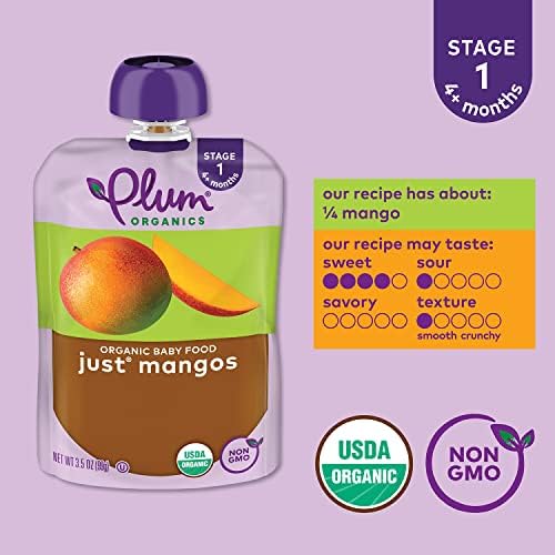 Plum Organics - 4+ Months Organic Baby Food Pouches - Just Mangos - Non-GMO - Fruit & Veggie Blends On-The-Go Pouches for Baby & Toddler Meals - Quality Tested Ingredients - 3.5 oz (Pack Of 12)