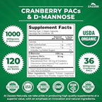 Zazzee USDA Organic Cranberry PACs & D-Mannose, 36 mg PACs per Serving, 1000 mg D-Mannose per Serving, 120 Vegan Capsules, 2 Month Supply, Urinary Tract & Bladder Support, Non-GMO, Made in the USA