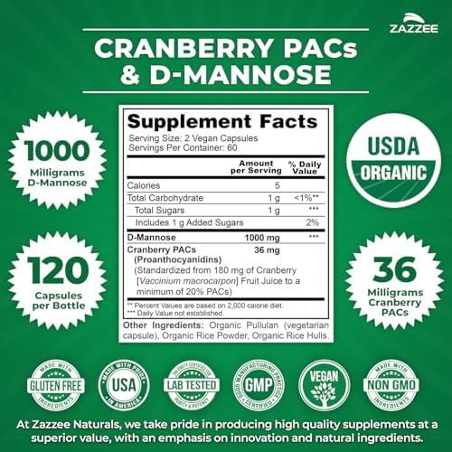 Zazzee USDA Organic Cranberry PACs & D-Mannose, 36 mg PACs per Serving, 1000 mg D-Mannose per Serving, 120 Vegan Capsules, 2 Month Supply, Urinary Tract & Bladder Support, Non-GMO, Made in the USA