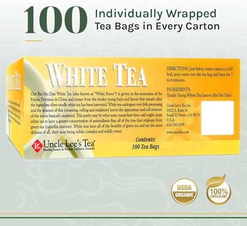 Uncle Lee’s Premium White Tea, Lightly Caffeinated, 100 Count 2-Pack– Antioxidant-Rich Bai Mu Dan in Individually Wrapped Tea Bags, 5.29 Oz Ea