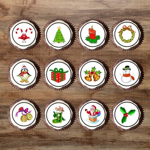 PRECUT Edible Christmas Cake Toppers, Christmas Baby Shower Decorations for Cake Decorating, Xmas Edible Cupcake Toppers, Festive Cookie Decor, Theme 1, 4cm / 1.5 inch (24)
