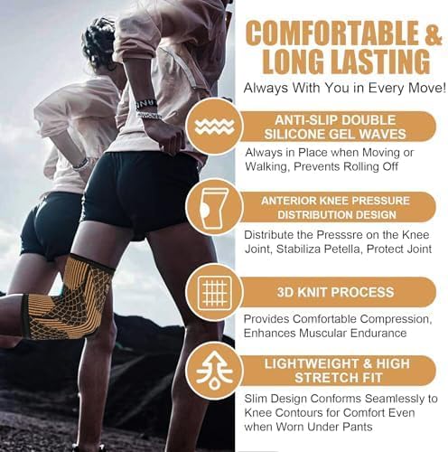 Knee Brace for Women & Men1 Pair, Copper Knee Braces for Knee Pain and Support, Copper Ions Fiber Compression Knee Sleeve for Running, Meniscus Tear, ACL, Joint Pain Relief (2, X-Large)