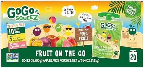 GoGo squeeZ Applesauce and Fruit Puree Variety Pack, Apple, Mango Guava & Pineapple Passionfruit, 3.2 oz (Pack of 20), Unsweetened Fruit Snacks for Kids, No Gluten, Nut & Dairy, BPA Free Pouches