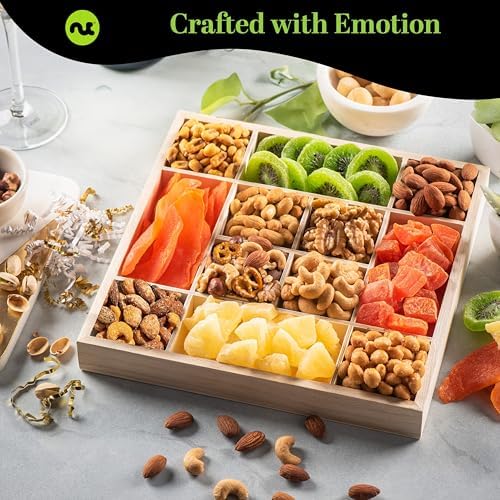NUT CRAVINGS - Mothers Day Treats, Dried Fruit & Mixed Nuts Gift Basket in Reusable Wooden Tray + Ribbon (12 Assortments) Food Arrangement, Healthy Snack Care Package, Kosher