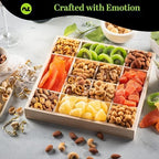 NUT CRAVINGS - Mothers Day Treats, Dried Fruit & Mixed Nuts Gift Basket in Reusable Wooden Tray + Ribbon (12 Assortments) Food Arrangement, Healthy Snack Care Package, Kosher