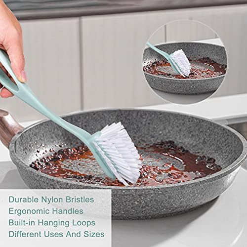 Dish Brush with Handle, Kitchen Dish Scrub Brush Set, 4-Piece Kitchen Cleaning Brush Set for Pots and Bottles, Nordic Green