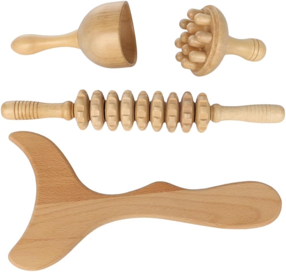 Wooden Massage Tools for Body Sculpting, Wood Maderoterapia Kit with Roller Stick, Mushroom Massager, Contouring Board, 4 Pcs Cup