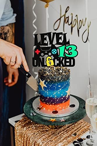 Level 13 Unlocked Sign Cake Topper - Happy 13th Birthday Level Up Thirteenth Cake Decorations for Video Game Controller Themed Kids Boy Girl Bday Party Supplies Double Sided