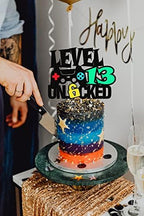 Level 13 Unlocked Sign Cake Topper - Happy 13th Birthday Level Up Thirteenth Cake Decorations for Video Game Controller Themed Kids Boy Girl Bday Party Supplies Double Sided
