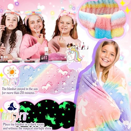 36 Pcs Sleepover Party Supplies for Girls Sets, 6 Glow in The Dark Blanket 6 Pillow with Pillow Core 6 Coral Fleece Headband 6 Plush Eye Mask Covers 6 Scrunchies for Slumber Sleepover Party Gifts Bulk