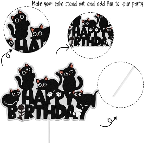 Cute Black Cat Happy Birthday Cake Toppers for Boys Girls Kids, Pet Baby Shower Kitten Meow Party Supplies Favor Glitter Black Cat Themed Birthday Cat Lover Kitten Theme Party Decorations