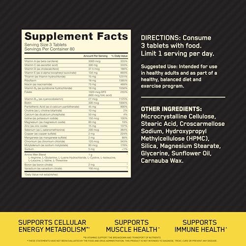 Optimum Nutrition Opti-Men Daily Multivitamin for Men, Immune Support Supplement with Amino Acids, 80 Day Supply, 240 Count, (Packaging May Vary)