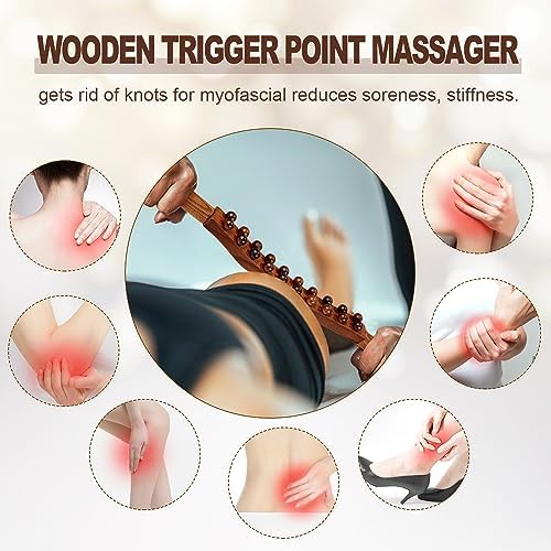 Wood Therapy Guasha Wood Stick Massage Tools, Lymphatic Drainage Massage Stick, Stomach Cellulite Massager, Myofascial Release Tool, Ease Pain Self Body Sculpting, Mountable Handle Double Row 20 Beads