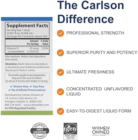 Carlson - Super Daily D3, Vitamin D Drops, 1,000 IU (25 mcg) per Drop, 1-Year Supply, Vitamin D3 Liquid, Heart & Immune Health, Vegetarian, Liquid Vitamin D3 Drops, Unflavored, 365 Drops