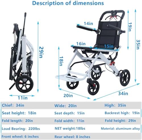 Ultralight Transport Wheelchair, Folding Portable Boarding Travelling Wheelchair with Hand Brake, Wheelchairs for Adults, Folding Wheelchairs，Trolleys for Elderly Aircraft Travel