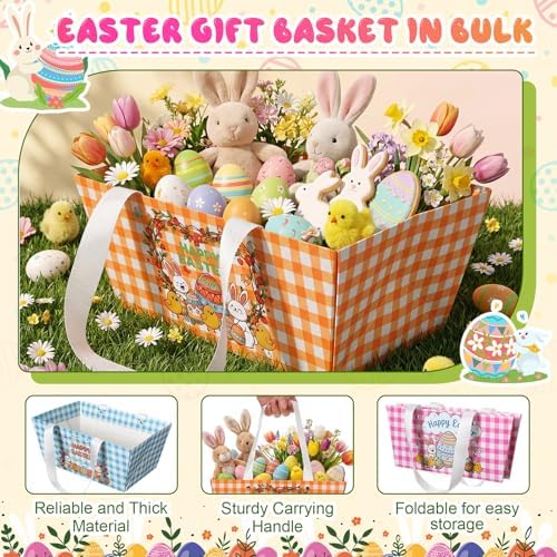Glenmal 24 Pcs Easter Gift Basket Easter Paper Treat Boxes with Handles Cute Bunny Egg Candy Cookies Boxes Waterproof Reusable Gift Bags for Holiday Party Favors Supplies Decoration(Classic)
