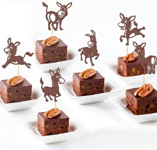 36Pcs Happy Donkey Cupcake Toppers Glitter Brown Donkeys Cupcake Picks for Farmyard Animal Baby Shower Donkey Themed Kids Boys Girls Birthday Party Cupcake Cake Decorations