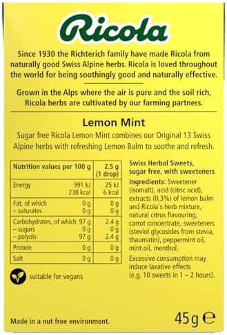 Ricola Lemon Mint Sugar Free Swiss Herbal Sweets, Herb Drops, 900 g - Pack of 20