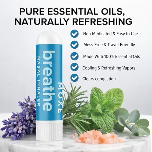 MOXE Breathe | Himalayan Salt Inhaler | Help Clear Congestion, Boost Focus and Improve Breathing | Natural Aromatherapy | Peppermint, Lavender and Tee Tree Essential Oil (1 Pack)…