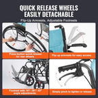 VEVOR Wheelchair, Durable Aluminum Alloy Ultra-Lightweight Wheelchairs, Portable Wheelchair with Flip-Back Desk-Length Arms, 3-Position Adjustable Footrests, 18-Inch Wide Seat, 250lbs Weight Capacity