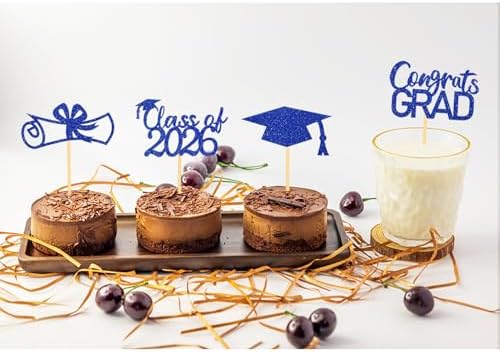 2026 Graduation Theme Cupcake Toppers Glitter Class of 2026 Graduation Cap Diploma Cupcake Picks - Set of 24 (Blue2)