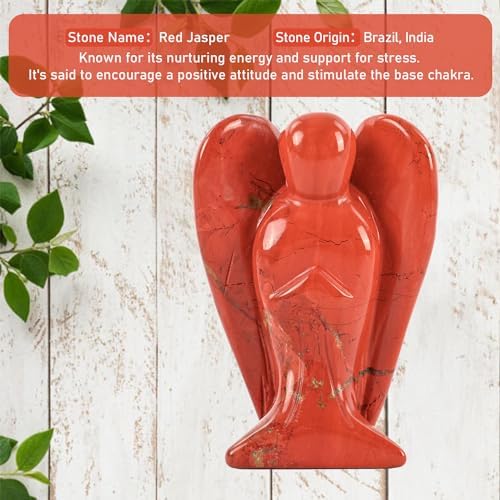 WHAL&YUNE Red Jasper Angel Figurine Natural Energy Healing Crystals Gemstone Hand Carved Sculpture for Home Office Desk Decor Holiday Lucky Gift - 2 inches