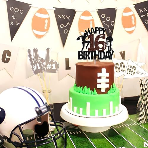 Tivurcia American Football Happy 16th Birthday Cake Topper, Glitter Touchdown Football Sports Theme 16 Years Old Birthday Party Decorations Supplies for Boy