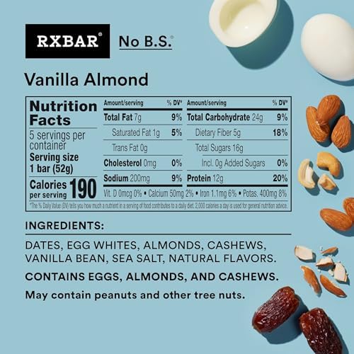 RXBAR Protein Bars, 12g Protein, Gluten Free Snacks, Vanilla Almond (6 Boxes, 30 Bars)