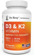 Dr. Berg Maximum Strength 2-in-1 Vitamin D3 K2 5,000 IU | Naturally Derived D3 | 4X Lab-Tested & Verified | High Absorption Formula | K2 D3 Vitamin Supplement - 60 Capsules