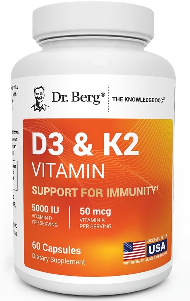 Dr. Berg Maximum Strength 2-in-1 Vitamin D3 K2 5,000 IU | Naturally Derived D3 | 4X Lab-Tested & Verified | High Absorption Formula | K2 D3 Vitamin Supplement - 60 Capsules