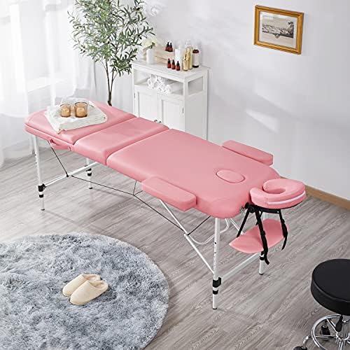 Yaheetech Massage Tables Portable Tattoo Table Adjustable Lash Bed Aluminium 3 Folding Spa Bed with Non-Woven Bag 24 inch Wide Pink