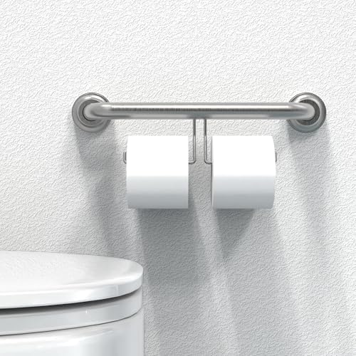 ADA Compliant Grab Bar with Toilet Paper Holder (2 Mega Rolls), 500lbs Weight Support, 1-1/4 x 16 inch for Stud Mount, Brushed Nickel