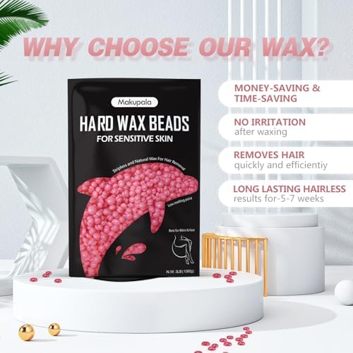 3lb Pink Hard Wax Beads, Rose Scent Creamy Brazilian Wax for Sensitive Skin & Fine Hair, Crack-Resistant Formula, Less Residue Stripless Wax for Face, Bikini & Body, Frequent Home Use & Salon Use