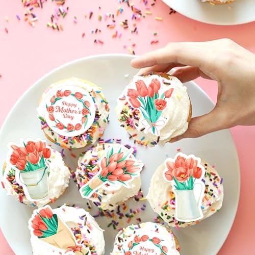 40Pcs Edible Happy Mother's Day Cupcake Toppers Edible Tulip Bouquet Cupcake Picks for Floral Mother's Day Cupcake Decorations Mom's Floral Birthday Party Cake Decorations Supplies
