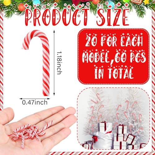 Giegxin 60 Pcs Christmas Mini Candy Canes for Crafts Plastic Candy Cane Ornaments Charms Decor Christmas Miniatures for Craft for Tree Hanging DIY Xmas(Red and White)