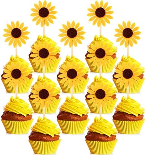 60 Pieces Sunflower Cupcake Toppers Yellow Flower Cake Picks Sunflower Toothpicks Summer Food Picks for Wedding Party Supplies Birthday Cake Decorations