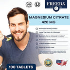 Freeda Magnesium Citrate 400 mg Coated Tablets – High Absorption Supplement for Muscle, Nerve & Relaxation Support – Vegan, Gluten-Free, Kosher – 100 Count