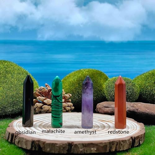 Crystal Tower Point Wand Obelisk 6 Faceted Crystals Point Chakra Stone Kit Home Decor Reiki Healing Gift (Opal)
