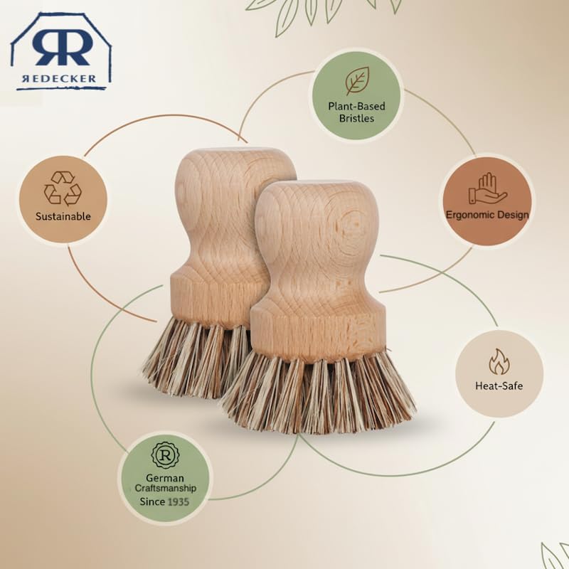 Redecker Pot Brush, Union Fibre, 2-Pack Heavy Duty Scrub Brushes for Pots, Cast Iron & Baked-On Residue, Beechwood, 2.6-Inch Round, Made in Germany
