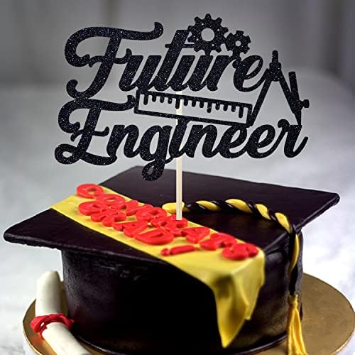Future Engineer Cake Topper - Congrats Engineer/Look at you Becoming an Engineer Graduation Cake Decor - Class of 2026 College Engineering Graduate Party Supplies, Black Glitter