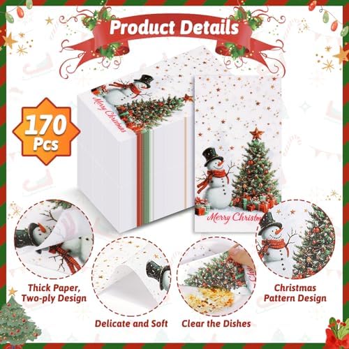 170 Pcs Christmas Disposable Napkin Papers Snowman White Decorative Table Guest Napkin 2 Ply Merry Christmas Trees Hand Towels for Winter Xmas Holiday Party Lunch Dinner Kitchen Bathroom Supplies